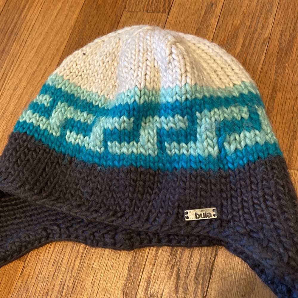 Bula Knit Hat Dark Gray White Turquoise Aqua with cute braid detail One Size